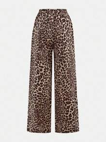 SHEIN 2 Pairs Tween Girls Bottoms Black And Leopard Print Wide Leg Pants, With Branded Label Decor - Black - View 6