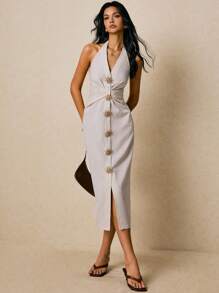 Poéselle Women's Elegant Beige Summer Halter Ruched Midi Dress,Linen-Blend Backless Front Slit Sundress With Metal Shaped Buttons,Vacation Holiday Outfit - Khaki - View 6