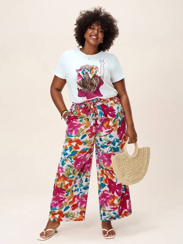 Comfylo Tricou cu mânecă scurtă cu decor cu fundă, 2 buc, mărime mare, cu bloc de culoare și talie elastică, pantaloni largi, cu picior drept, cu imprimeu, pentru vară