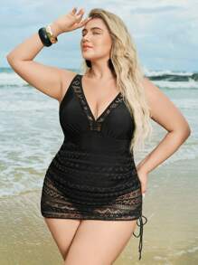 Swim Lushoire 大码纯色V领褶饰腰部时尚休闲泳裙