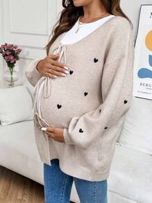 SHEIN Pregnant Women Loose Fit Heart Pattern Drop Shoulder Front Tie Knitted Cardigan,Fall Women Clothes,Fall Outfits Women ,Winter Jacket Women - Khaki - View 3