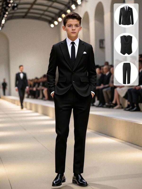 3pcs Teen Boy Gentleman Suit Set: Sophisticated Black Blazer Jacket + Slim Fit Double-Breasted Vest + Elegant Trousers. High-End Formal Suit Set Suitable For Birthday Party, Gala, Performance, Hosting, Wedding Season, Graduation Fall Winter