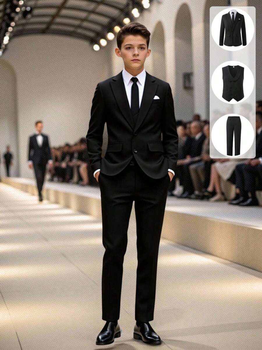 3pcs Teen Boy Gentleman Suit Set: Sophisticated Black Blazer Jacket + Slim Fit Double-Breasted Vest + Elegant Trousers. High-End Formal Suit Set Suitable For Birthday Party, Gala, Performance, Hosting, Wedding Season, Graduation Fall Winter - Black - View 1