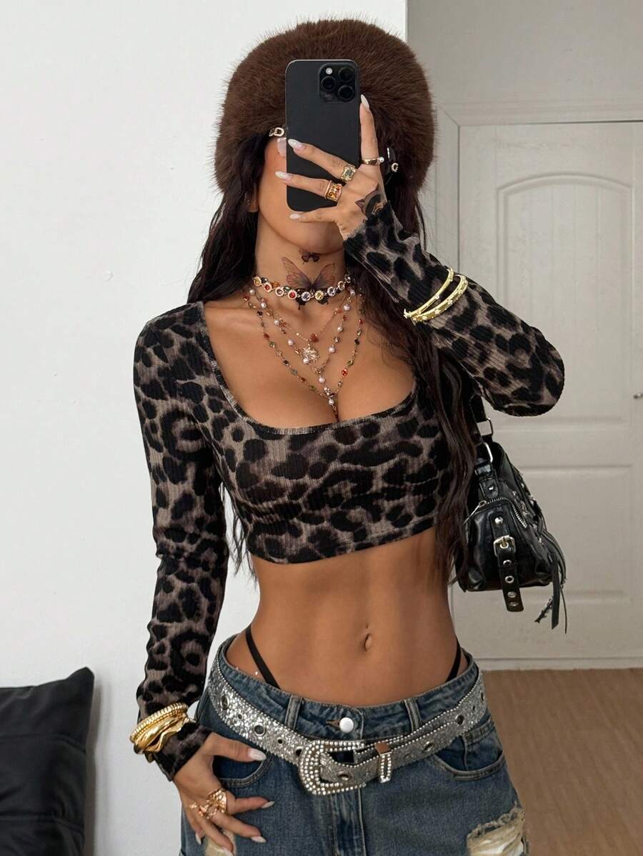 Coolane Áo thun nữ cổ tròn tay dài ôm vừa vặn co giãn cổ thuyền họa tiết da báo dài tay mùa thu - Nhiều màu - Xem 1