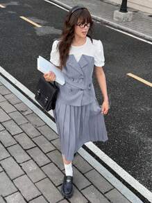 SHEIN 2 件套青少年女孩通勤风格白色拼接杏色短袖褶皱长裙，春夏 - 卡其色 - 查看 3