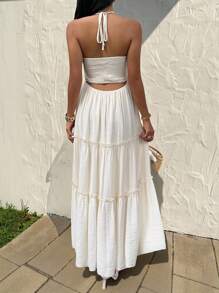 SHEIN EZwear Women's Spring/Summer Rayon Bamboo Knit Bohemian Beach Dress, Shirred Pleated Bust, Tiered Skirt Design, A-Line Silhouette, Backless With Tie-Up Halter Neck And Bow Closure - Apricot - View 2