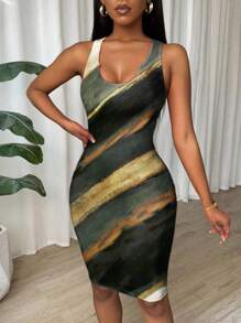 Glamine 扎染褶皱修身无袖紧身连衣裙，适合新年服装 - 軍綠色 - 查看 3