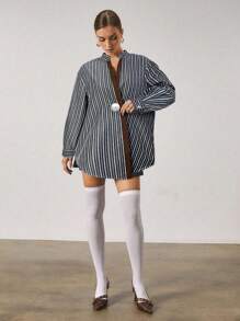 Athîral 女式蓝色条纹撞色棕色金属袖口斜襟长袖衬衫 - 藍色 - 查看 3