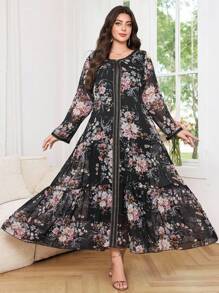 Al Najma Plus Size Women  Arab Style Floral Print Patchwork Elegant Casual Dress - Black - View 1