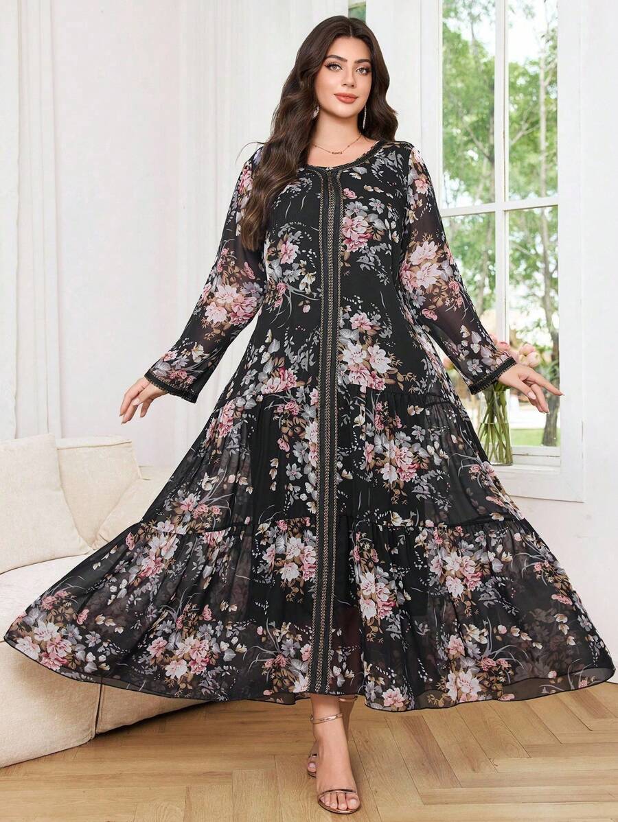 Al Najma Plus Size Women  Arab Style Floral Print Patchwork Elegant Casual Dress - Black - View 1