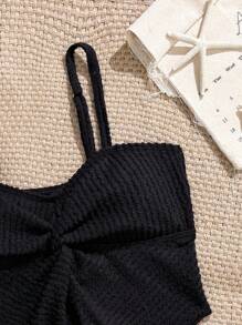 Tween Girls Coastal Beach Pool Casual Holiday Summer Cami Tankinis And Triangle Bottoms Swimsuit Set Textured Swimsuit - Black - View 5