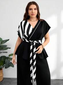 Lacomfia 大码女式黑白条纹拼接 V 领抽绳系腰休闲衬衫 - 黑色 - 查看 3