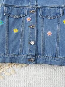 SHEIN Sparklyn 2pcs Set: Embroidered Denim Jacket With Turndown Collar & Asymmetric Hem Skirt, Fashionable & Stylish - Blue - View 8