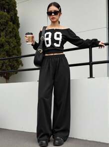 Teen Girl Number Print Off-Shoulder Long Sleeve Sweatshirt And Sweatpants Casual Suit - Black - View 6