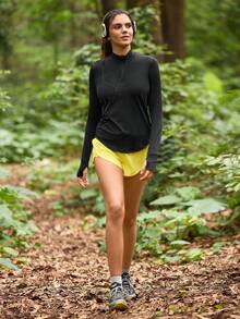 SHEIN In My Nature Áo thun thể thao dài tay màu trơn thường ngày dành cho nữ - màu đen - Xem 11