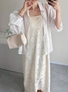 FRIFUL Bộ đồ hai mảnh gồm váy ren và áo kiểu dáng rộng màu trơn dành cho nữ, thích hợp mặc ở nhà vào mùa thu. - Màu be - Xem 2