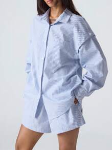 LYSMO 2件套女士休闲通勤条纹衬衫和短裤 - 藍色 - 查看 5