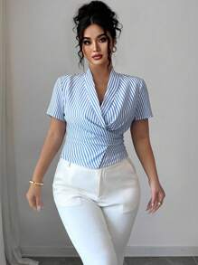 Elenzga Elegant Summer Shirt With Woven Stripes For Plus-Size Women - Blue and White - View 4