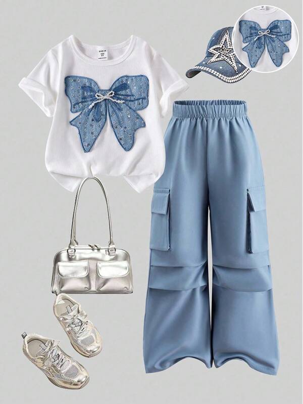 SHEIN WESTFADE Young 2pcs/Set Young Girl Knitted White Short Sleeve Top T-Shirt & Blue Knitted Sequin Bow Decor Cargo Pants, Summer Outfit