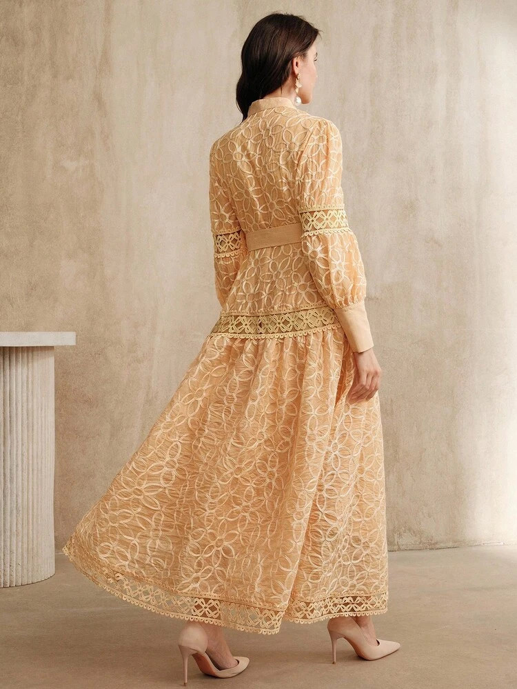 Elegant Belted Lantern Sleeve Long Dress For Women