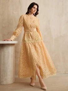 Anewsta Elegant Belted Lantern Sleeve Long Dress For Women - Orange - View 6