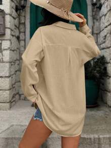 EURMUSE Blouse With Curved Hem, Drop Shoulder, Buttoned Shirt, Linen Fabric - Beige - View 2