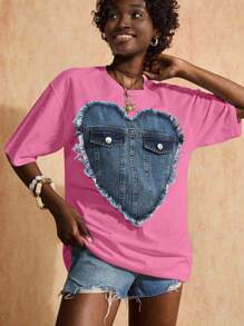 Denim Heart Design Oversize T-Shirt, Cotton Material, Round Neck, Decorative Denim Pocket Detail, Distressed Heart Pattern, Short Sleeves, Casual Wear, Creative Style, Regular Fit, Statement Piece, Perfect For Daily Wear, Unique Design Element, Breathable Cotton Fabric - Baby Pink - View 5
