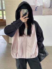 DAZY Women's Contrast Color Hooded Loose Street Style Casual Jacket,Fall Women Clothes - Grey - View 3