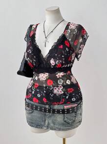 Sunspun 女士V领蕾丝拼接印花短袖T恤，修身腰部设计，优雅度假外出，夏季 - 彩色 - 查看 6