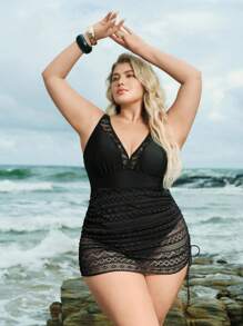 Swim Lushoire 大码纯色V领褶饰腰部时尚休闲泳裙