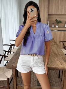 Breezaya Vacation Casual Striped Floral Embroidery Notched Neck Shirt - Blue and White - View 5