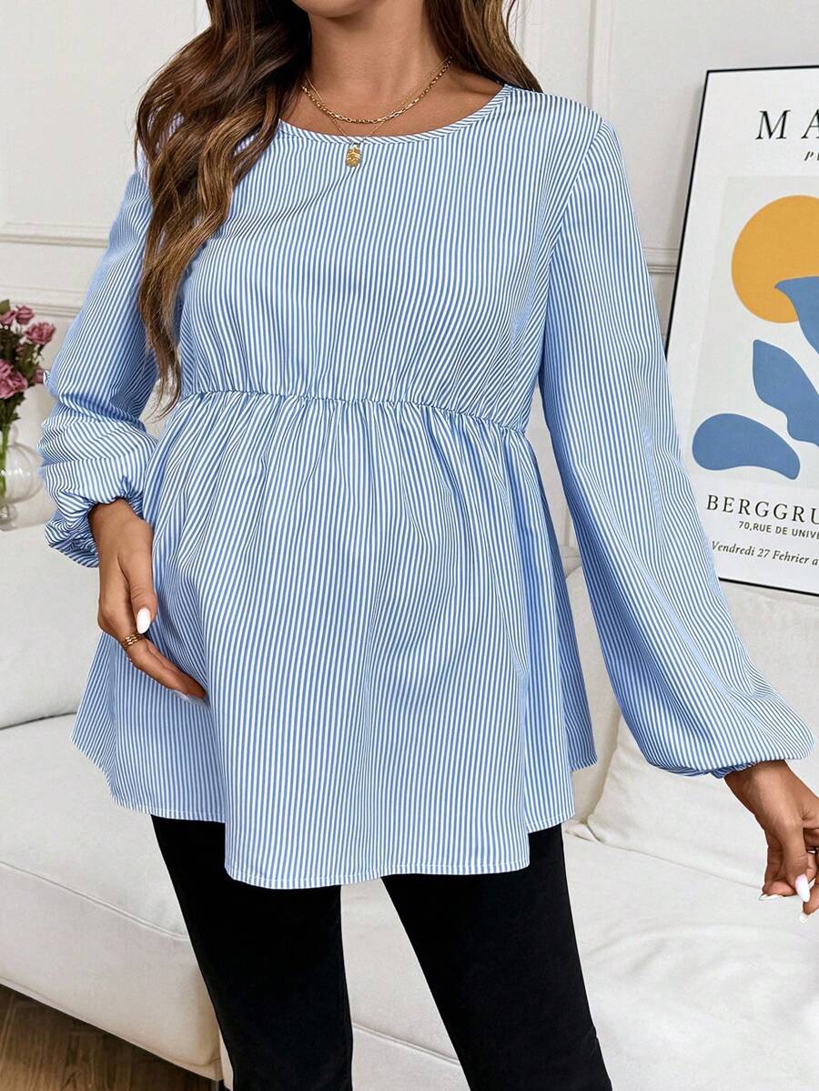SHEIN Maternity Striped Print Round Neck Casual Versatile Long Sleeve Shirt - Blue - View 1