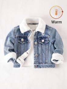 SHEIN Playful Pals Newborn Baby Boy Washed Casual Loose All-Match Denim Jacket & Coat, Turndown Collar, Lamb Wool Lining, Comfortable & Warm, Minimalist & Fashionable, Suitable For Autumn/Winter Fall