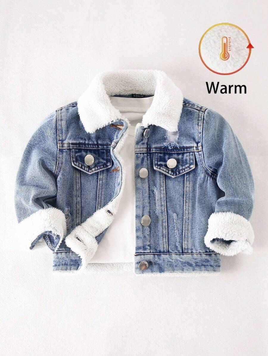 SHEIN Playful Pals Newborn Baby Boy Washed Casual Loose All-Match Denim Jacket & Coat, Turndown Collar, Lamb Wool Lining, Comfortable & Warm, Minimalist & Fashionable, Suitable For Autumn/Winter Fall