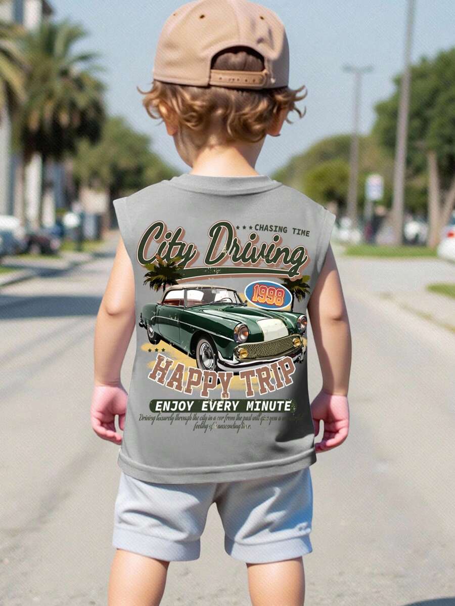 SHEIN Young Boy Casual Minimalist Letter Print Sleeveless Tank Top, Suitable For Summer