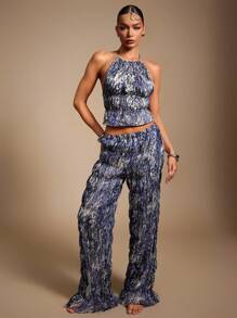 Hauture Top halter bohemio con cuello alto fruncido y espalda descubierta - Azul y blanco - Ver 5