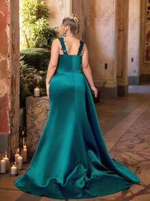 Glamrae Váy dài đuôi cá xẻ tà cao cổ chữ V sâu màu xanh lá cây thanh lịch lãng mạn cỡ lớn có đính sequin chắp vá bằng vải satin co giãn có viền đính cườm hai bên, phù hợp cho đám cưới, tiệc tùng, sự kiện tiệc chiêu đãi - màu xanh lá - Xem 3