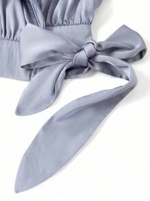 Ellevyn 女士优雅缎面系带裹身长袖衬衫，适合通勤、户外等多种场合，秋季新款返校女教师机场女装复古 - 藍色 - 查看 6