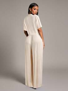 Radiana 女士舒适休闲蓝色宽松两件套：短款衬衫 + 喇叭阔腿裤，适合海岛度假、沙滩装、家居服、聚会、日常穿着 - 杏色 - 查看 2