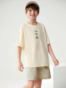 JNSQ 返校户外休闲运动宽松T恤，儿童圆领趣味字母印花户外休闲运动宽松T恤 - 卡其色 - 查看 2