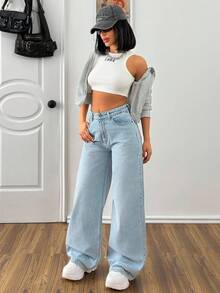 EURMUSE Quần Jeans Ống Rộng Nâng Ngực Cạp Cao Màu Xanh Da Trời Thập Niên 90 - Rửa nhẹ - Xem 5