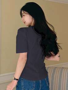 DAZY Áo cánh tay bồng cổ chữ V màu trơn bó eo cho nữ - Xám - Xem 5