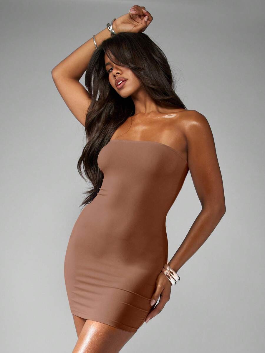 MISSGUIDED Đầm ngắn cúp ngực không dây ôm sát cơ thể, thích hợp cho tiệc tùng, câu lạc bộ, đi chơi đêm, buổi tối, chất liệu co giãn mềm mại. - màu nâu - Xem 1