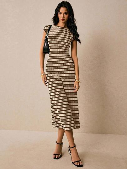 SHEIN X ITS MICH Poéselle Women's Brown Striped Round Neck Cap Sleeve Casual Elegant Dress, Dress For Women, Dress,Casual Dresses For Women Brunch Summer