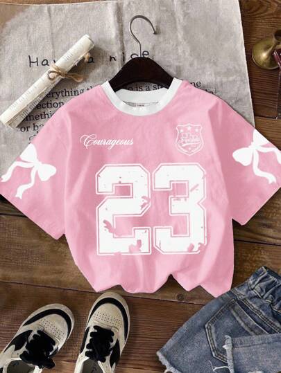 SHEIN Leap Crew Casual Loose Oversized Knit T-Shirt For Teen Girls, Suitable For Summer Y2k Tops Girls Teen Girl Shirts Y2k Baby Tee Y2k For Women Girls Number Shirt 23 Number Shirt