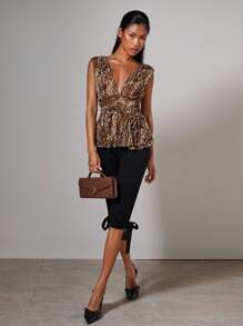 COSMINA 四季女式性感优雅豹纹深 V 领露背系带荷叶边上衣，外出上衣 - 棕色 - 查看 5