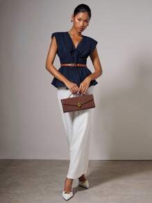 COSMINA Women Elegant V-Neck Ruffle Hem Tie-Front Camisole Top V-Neck Peplum Top,Four Seasons,Teacher Outfits For Women,Business Casual Woman,Going Out Tops - Navy Blue - View 7