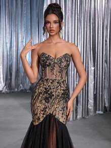 Glamrae 优雅奢华浪漫3D花卉亮片蕾丝抹胸修身美人鱼风格多层网眼垂坠新娘婚纱 - 黑色 - 查看 5