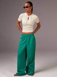 Athîral Women Contrast Elastic Waist Casual Loose Wide Leg Yoga Pants,,Back To School Outfits,Going Out Outfits, Joggers