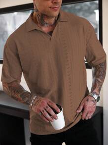 Manfinity Homme 男士休闲纯色纹理面料短袖 Polo 衫 - 咖啡棕 - 查看 5